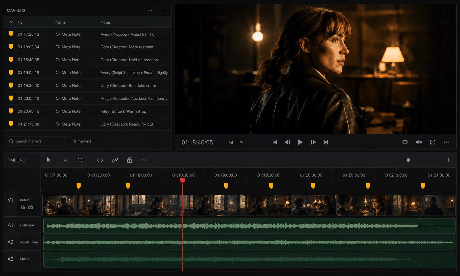 A DaVinci Resolve-style edit timeline populated with Meta Note markers in one selected yellow marker color.