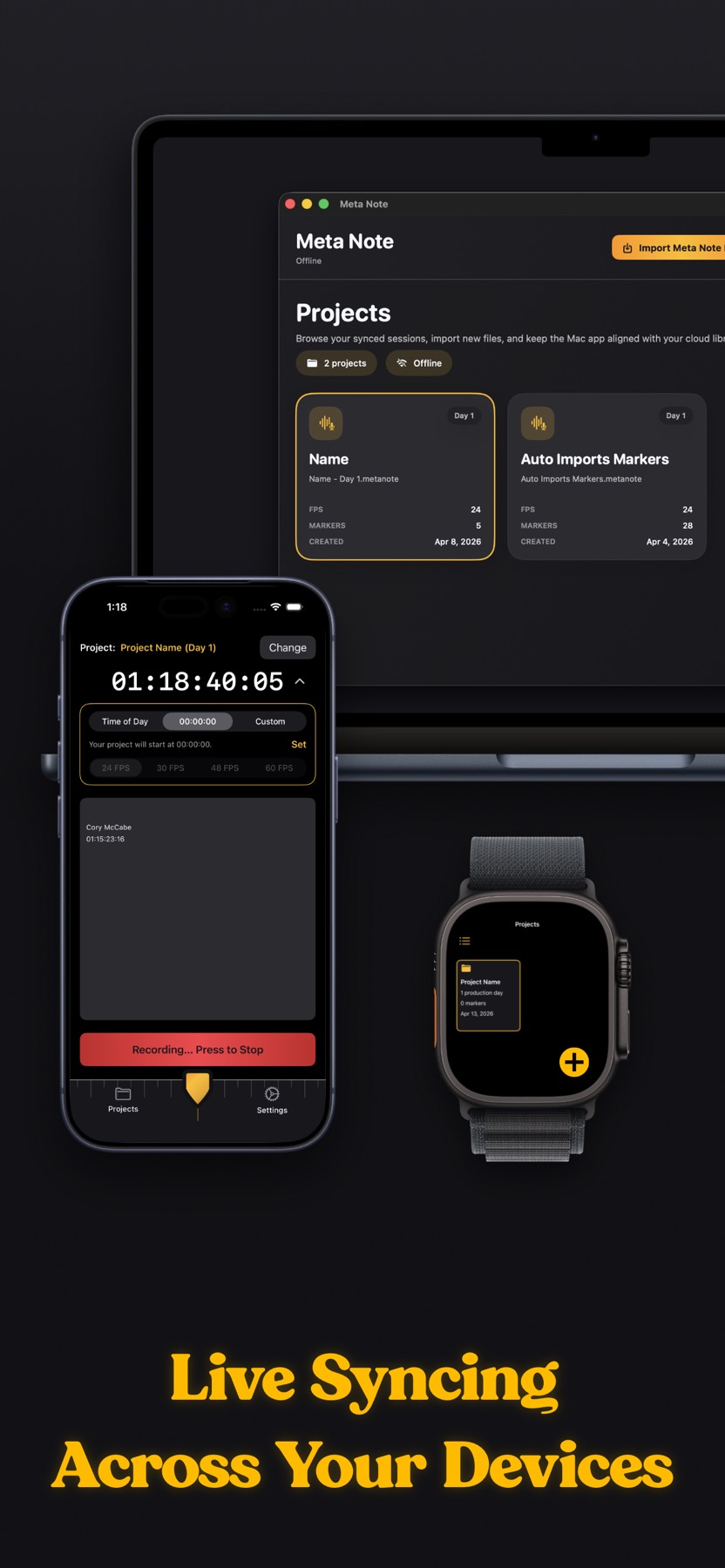 Meta Note syncing across iPhone, Apple Watch, and Mac.